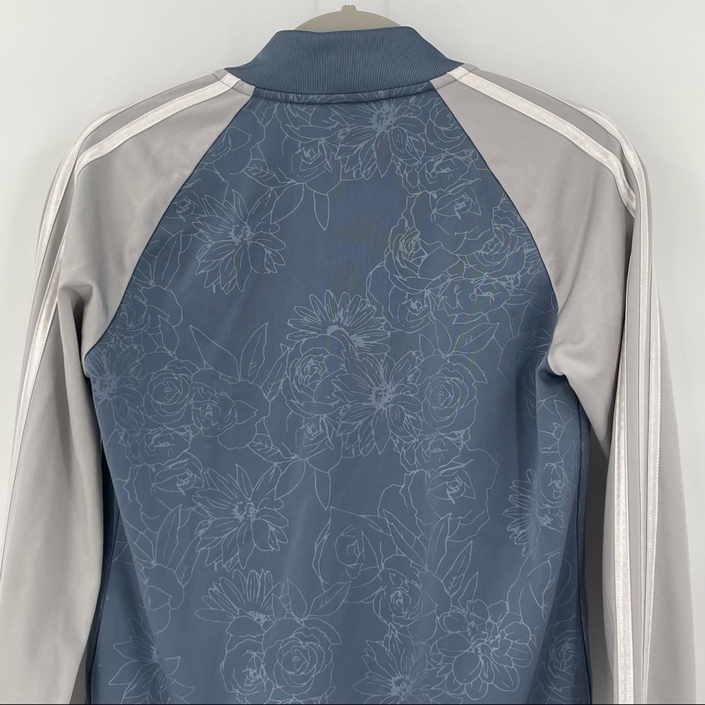 Adidas Zip Up Jacket Blue Floral Gray Sleeves with White Stripes Womens Small - Picture 6 of 15